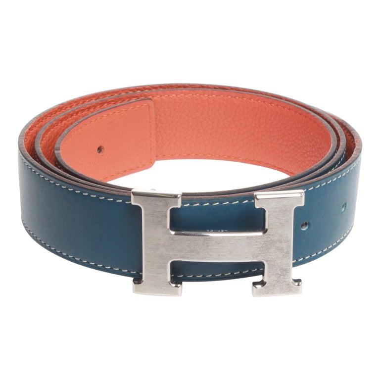 Blue Hermes belt size 90 with larger silver H in box For Sale at 1stdibs