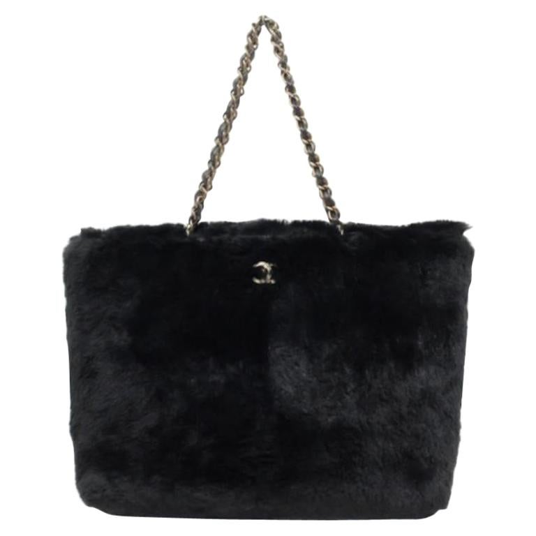 Chanel Chain Tote Shopper 230441 Black Rabbit Fur Shoulder Bag For Sale