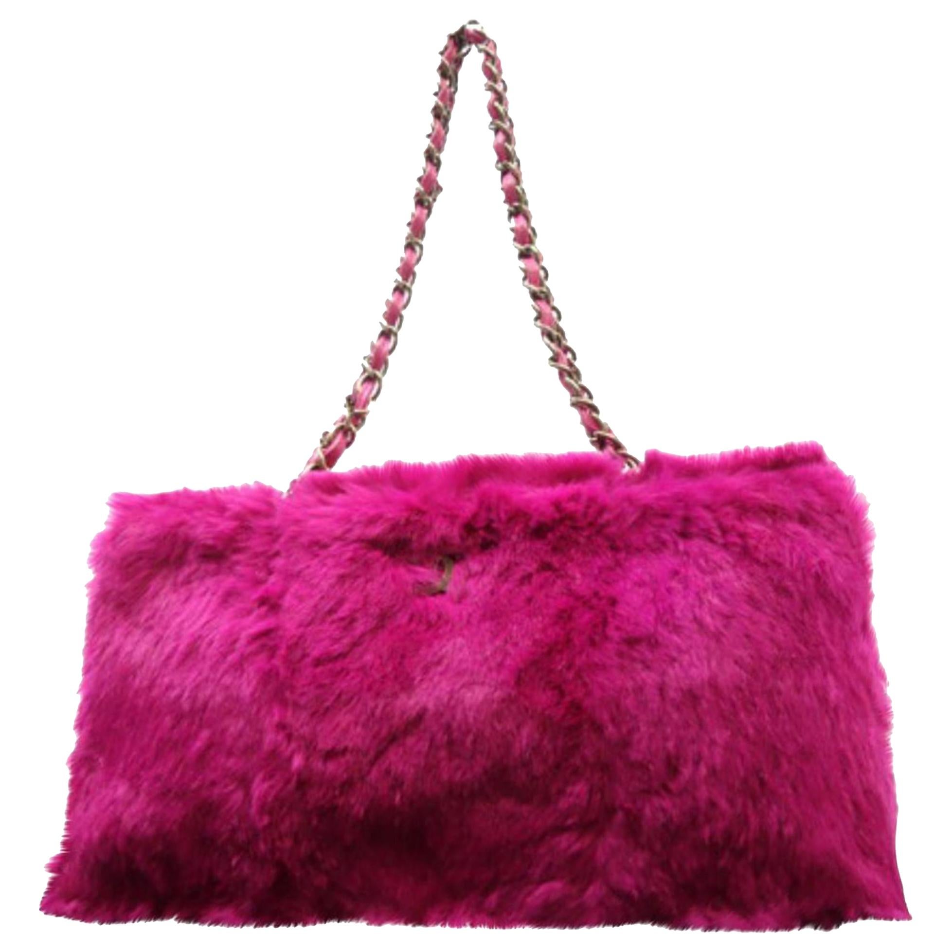 Chanel Fuchsia Chain Tote 228729 Pink Rabbit Fur Shoulder Bag For Sale