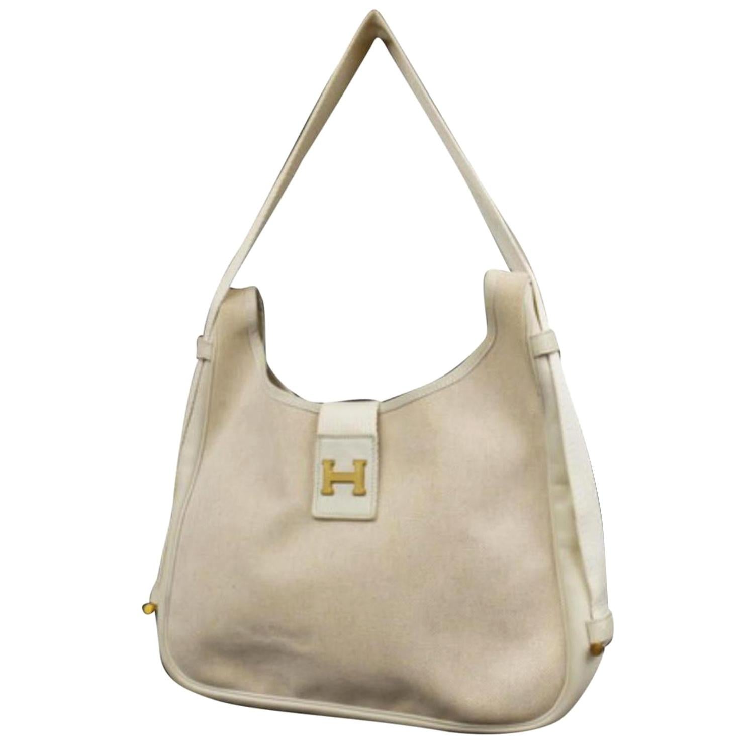 Hermès Sako Toile 223950 Ivory Leather Shoulder Bag For Sale