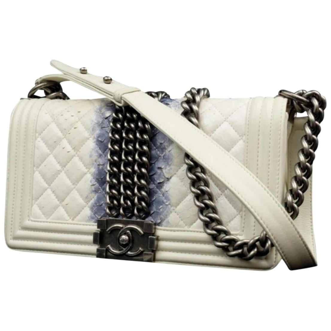 Chanel Boy Quilted Chain Around 223959 Ivory X Blue Python Shoulder Bag For Sale
