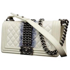 Chanel Boy Quilted Chain Around 223959 Ivory X Blue Python Shoulder Bag