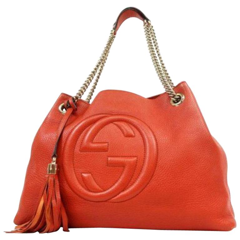 Gucci Soho Tabasco Fringe Tassel Chain Tote 230457 Red Leather Shoulder Bag For Sale