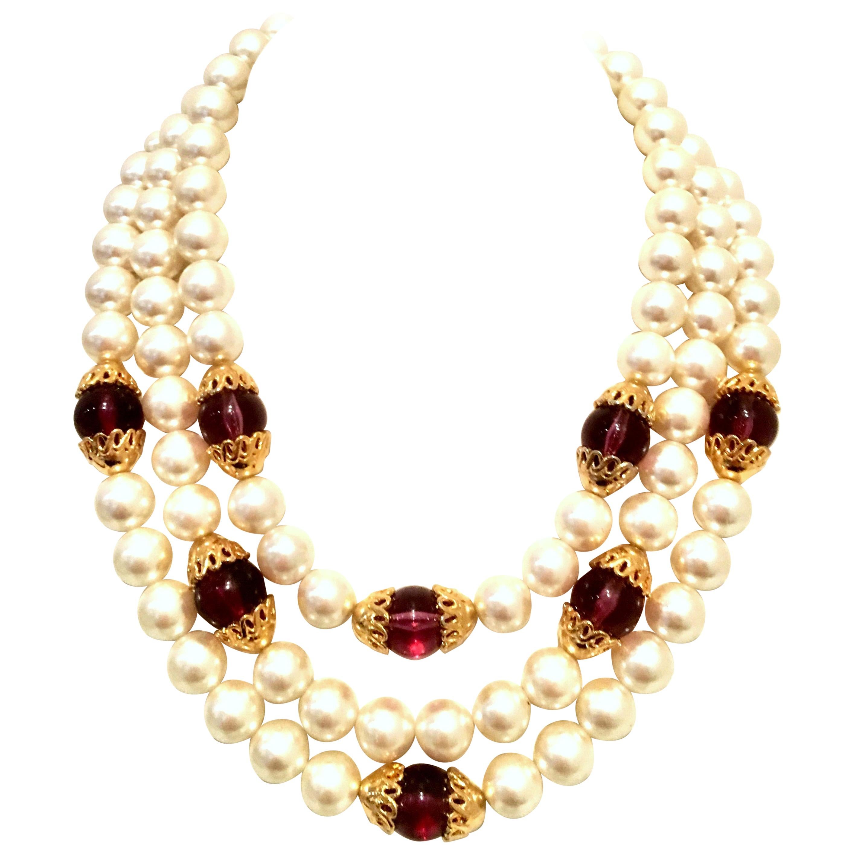 90'S Gold & Faux Pearl, Glass Bead Triple Strand Necklace By, Napier For Sale