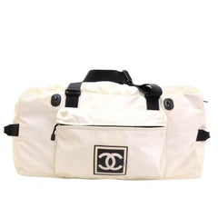 Vintage Chanel Extra Large Cc Sports Logo Boston Duffle 232511 White Nylon Travel Bag