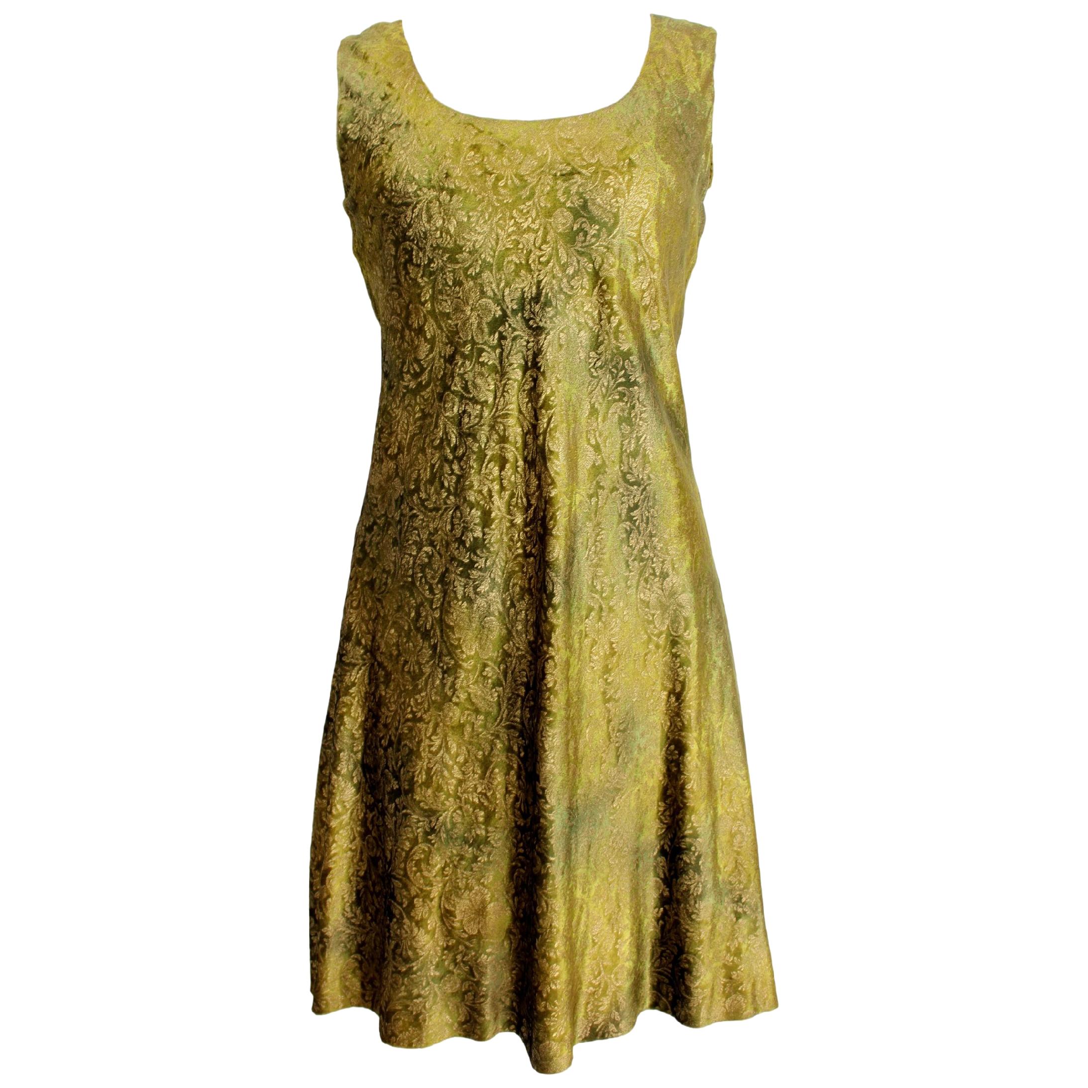 2000s Alberta Ferretti Green Gold Damask Floral Sz 8 A Line Dress