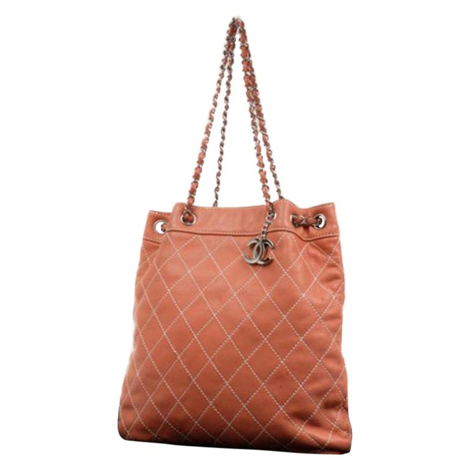 Chanel Surpique Wild Stitch Charm Tote 219721 Coral Salmon Quilted Leather  Shoul For Sale at 1stDibs
