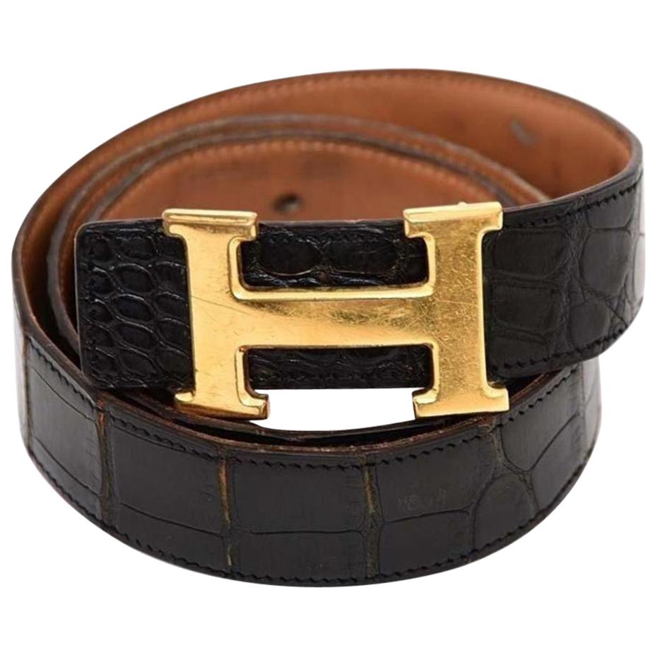 Hermès Black Crocodile Reversible H Logo Kit 232975 Belt For Sale