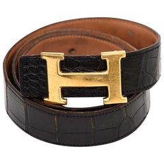 Vintage Hermès Black Crocodile Reversible H Logo Kit 232975 Belt