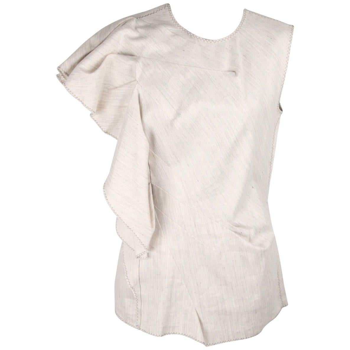 Lanvin Stone Linen and Cotton Sleeveless Top with Ruffle Trim Size 38