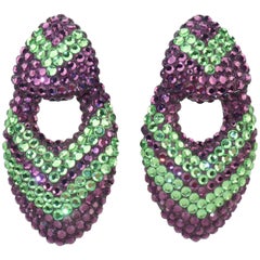 Vintage Glam 1980's Purple & Green Pave Crystal Clip On Earrings