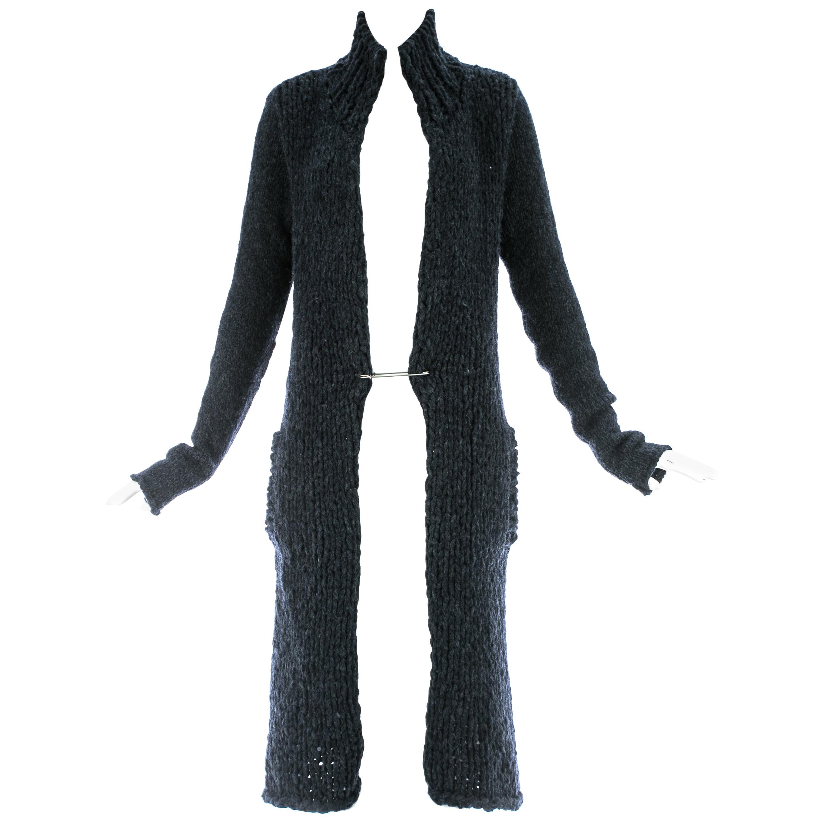 Yohji Yamamoto navy blue chunky knit cardigan with large safety pin, c. 1990s For Sale