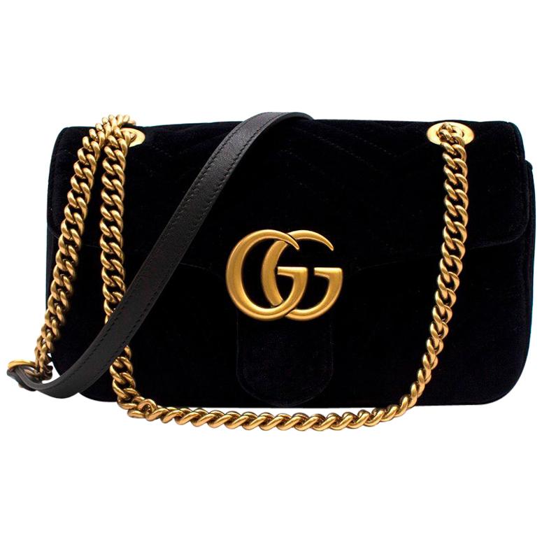 Gucci Small Black Velvet GG Matelasse Marmont Bag For Sale