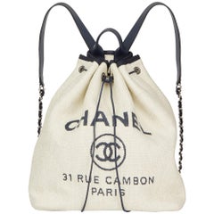 2018 Chanel Off White Raffia & Navy Calfskin Leather Deauville Backpack