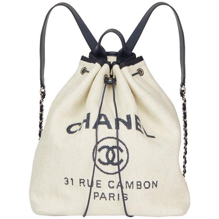 2018 Chanel Off White Raffia and Navy Calfskin Leather Deauville ...