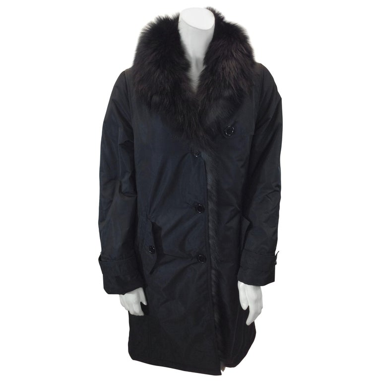 Manzari Black Nylon and Fur Trimmed Coat For Sale at 1stDibs
