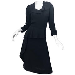 1940s Black Crepe Long Sleeve Chic Asymmetrical Peplum Vintage 40s Dress