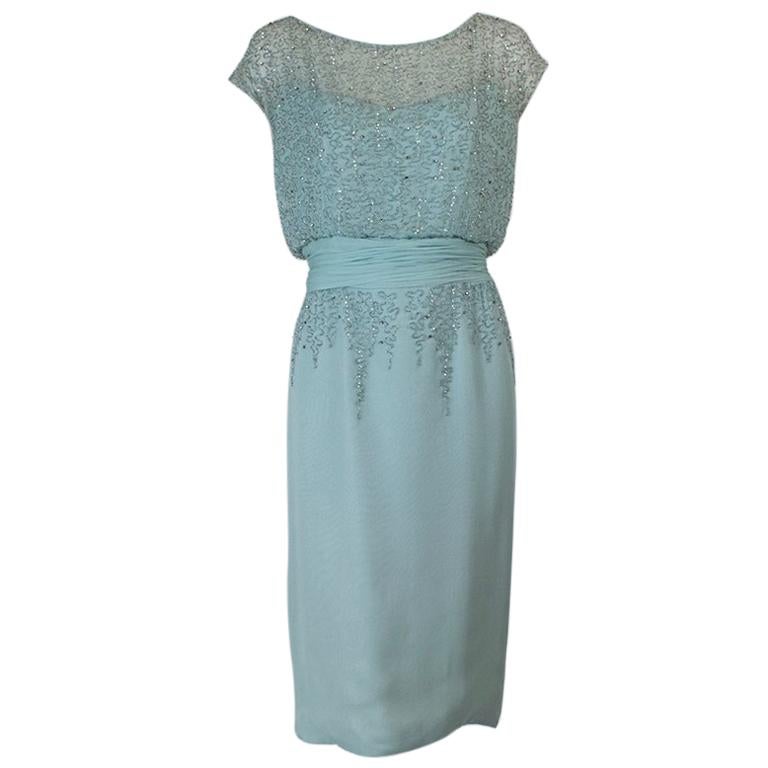 Rudolf Pale Aqua Bead and Crystal Plunge-Back Blouson Cocktail Dress - M, 1950s For Sale