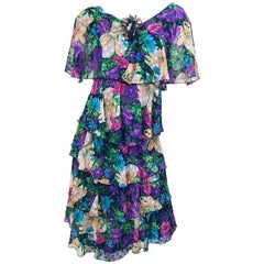 Retro Justin David Flapper Style Large Size 1980s Chiffon Floral 80s Dress