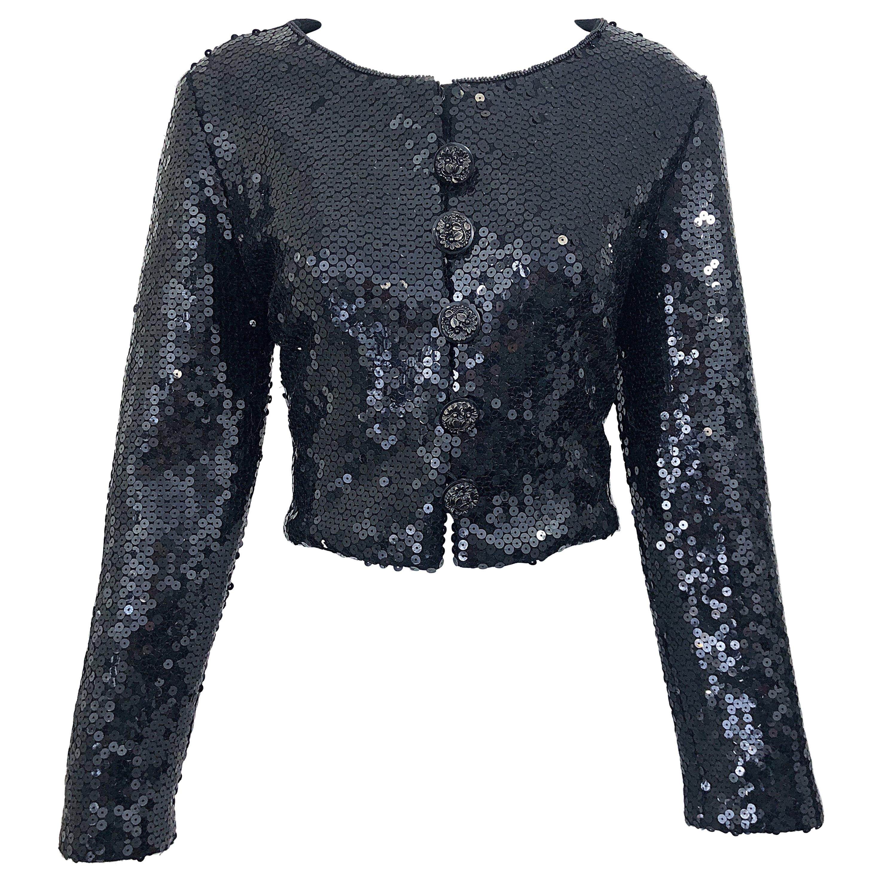 1990s Gemma Kahng Black Sequin Size 6 Wool Vintage 90s Chic Cropped Jacket For Sale
