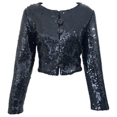 1990s Gemma Kahng Black Sequin Size 6 Wool Retro 90s Chic Cropped Jacket