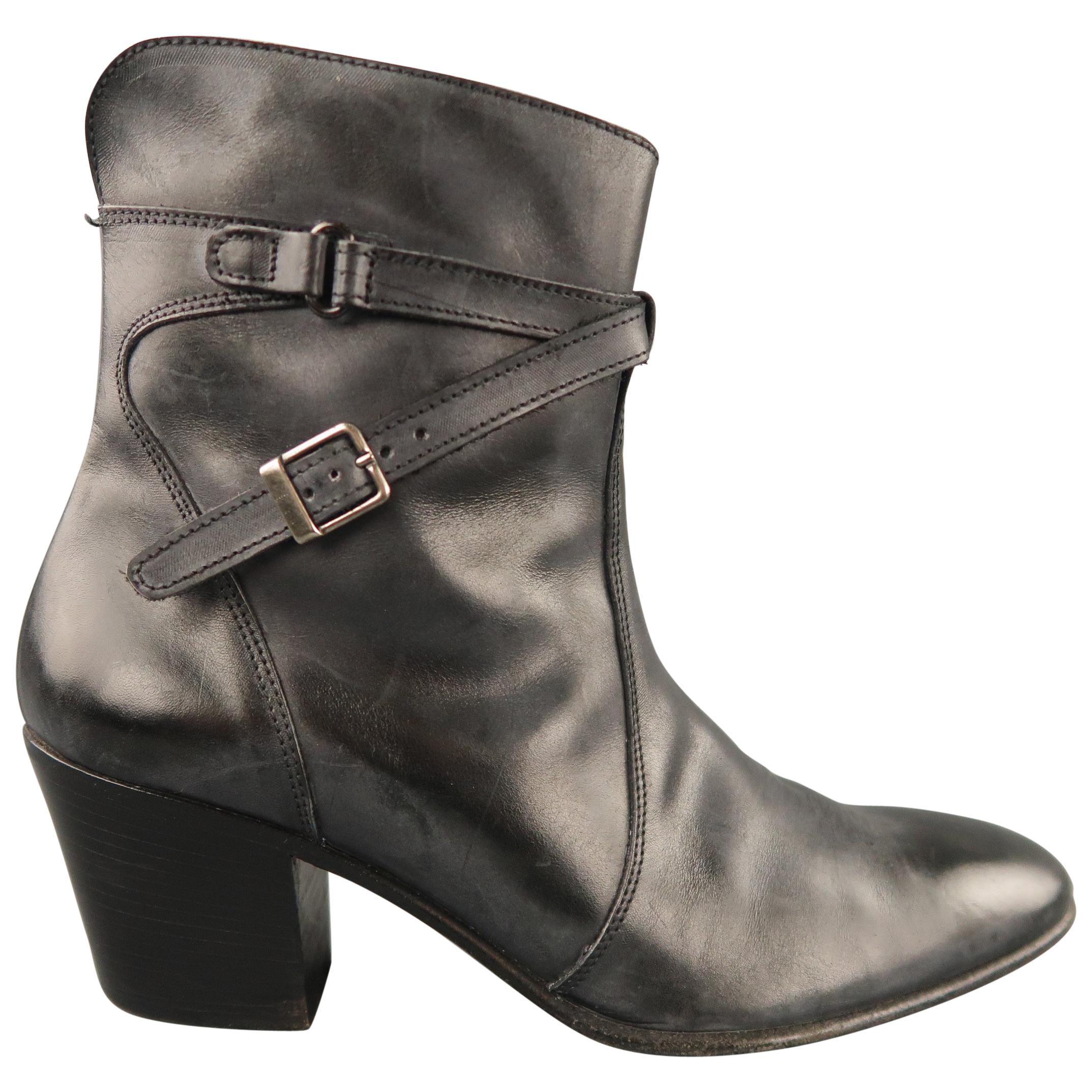 JEAN-MICHEL CAZABAT Size 8 Black & Grey Antique Leather Wrap Around Boots