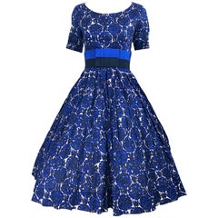 1950s Bonwit Teller Demi Couture Blue Abstract Floral Fit n' Flare Vintage Dress