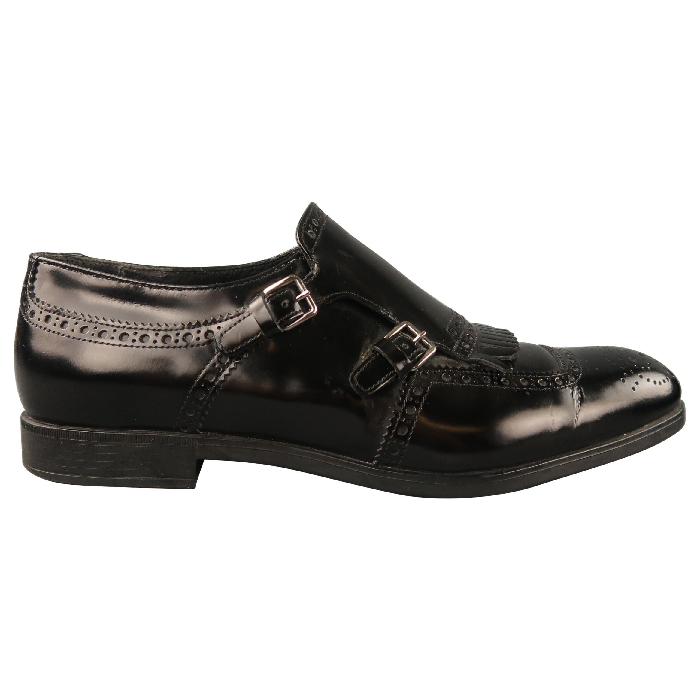 PRADA Size 7.5 Black Perforated Leather Double Monk Strap Loafers