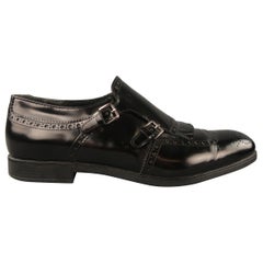 PRADA Size 7.5 Black Perforated Leather Double Monk Strap Loafers