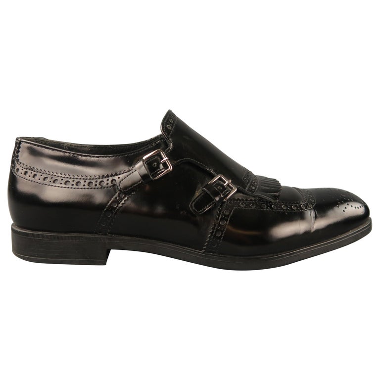 PRADA Size 7.5 Black Perforated Leather Double Monk Strap Loafers at ...