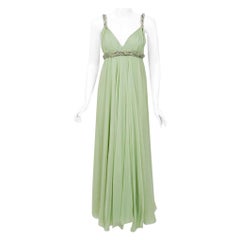 Used 1960s Sarmi Couture Seafoam-Green Jeweled Low-Plunge Silk Chiffon Gown
