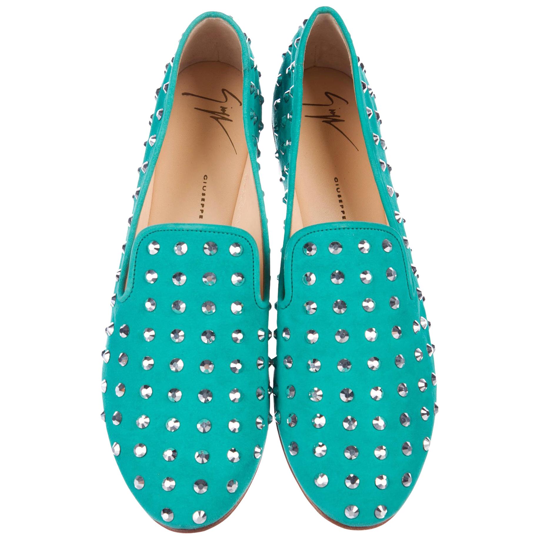 New Giuseppe Zanotti Mirrored Studs Embellished Aquamarine Flats Loafers 38 - 8