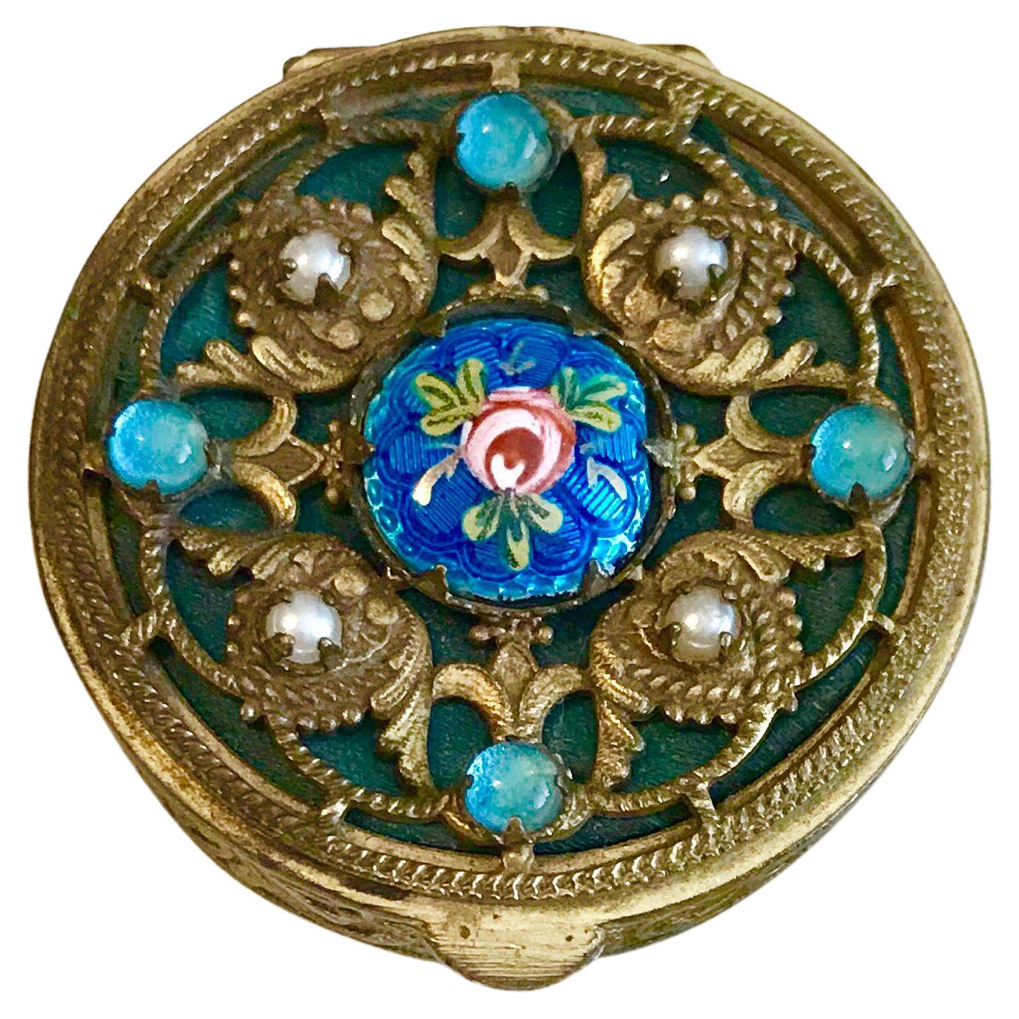 Circa 1920s Ornate French Jeweled and Enameled Powder Compact For Sale