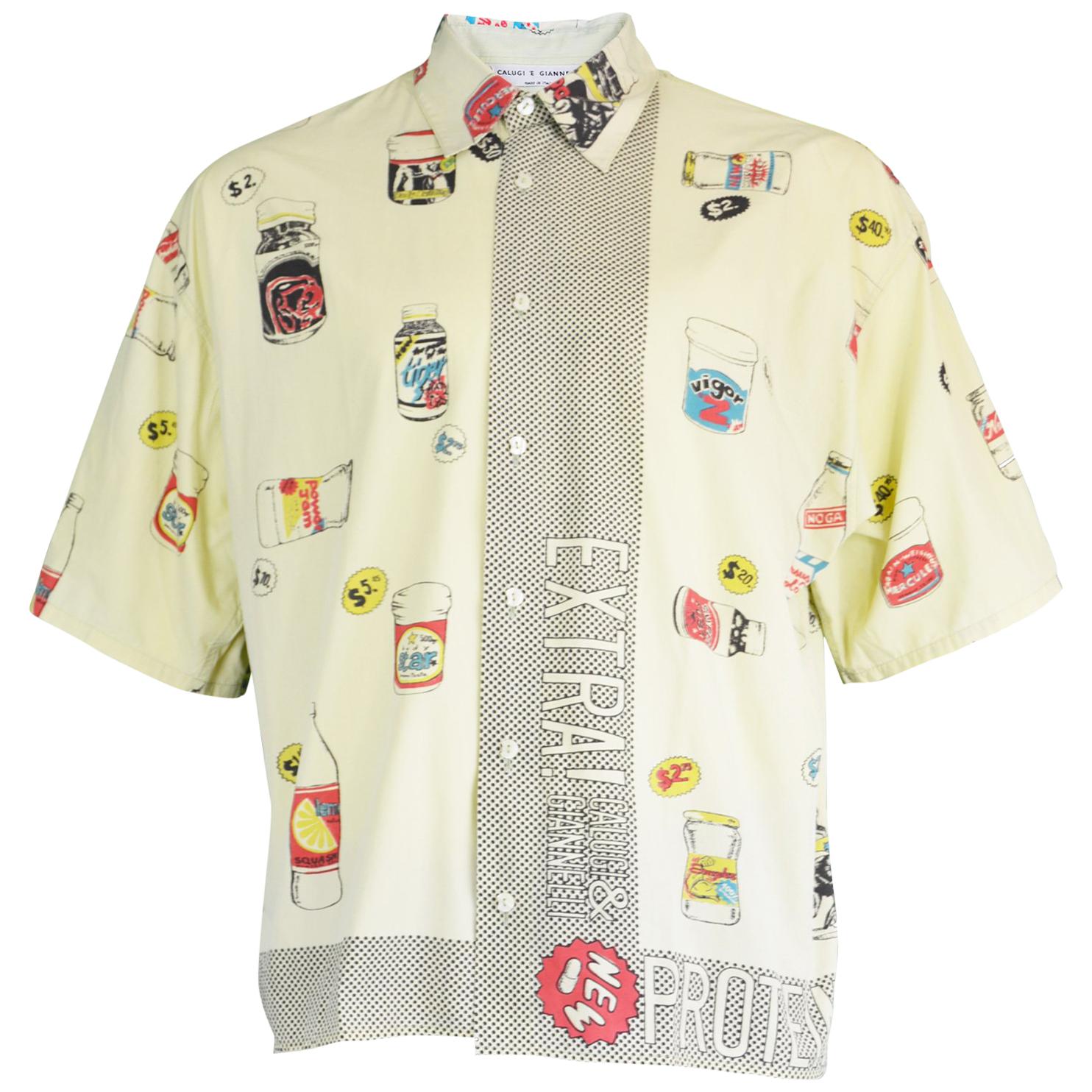 Calugi e Giannelli Men's Vintage Pale Yellow Advertising Print Shirt, 1980s