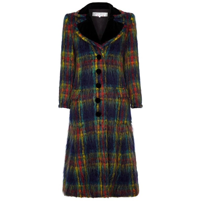 Yves Saint Laurent 1997 Rare Tartan Mohair Coat with Velvet Collar and Trim at 1stDibs