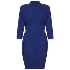 Theirry Mugler 1980s Marine Blue Wool Crepe Dress With Stand Up Collar