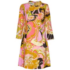 Frank Usher 1960s Silk Psychedelic Print Shift Dress With Fluted Sleeves