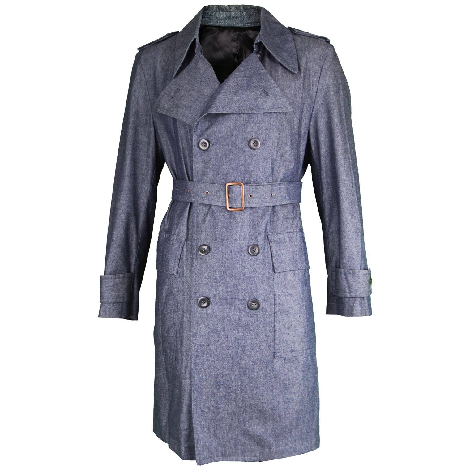 Giuliano Fujiwara Men's Vintage Blue Chambray Belted Trench Coat, 1990s  For Sale