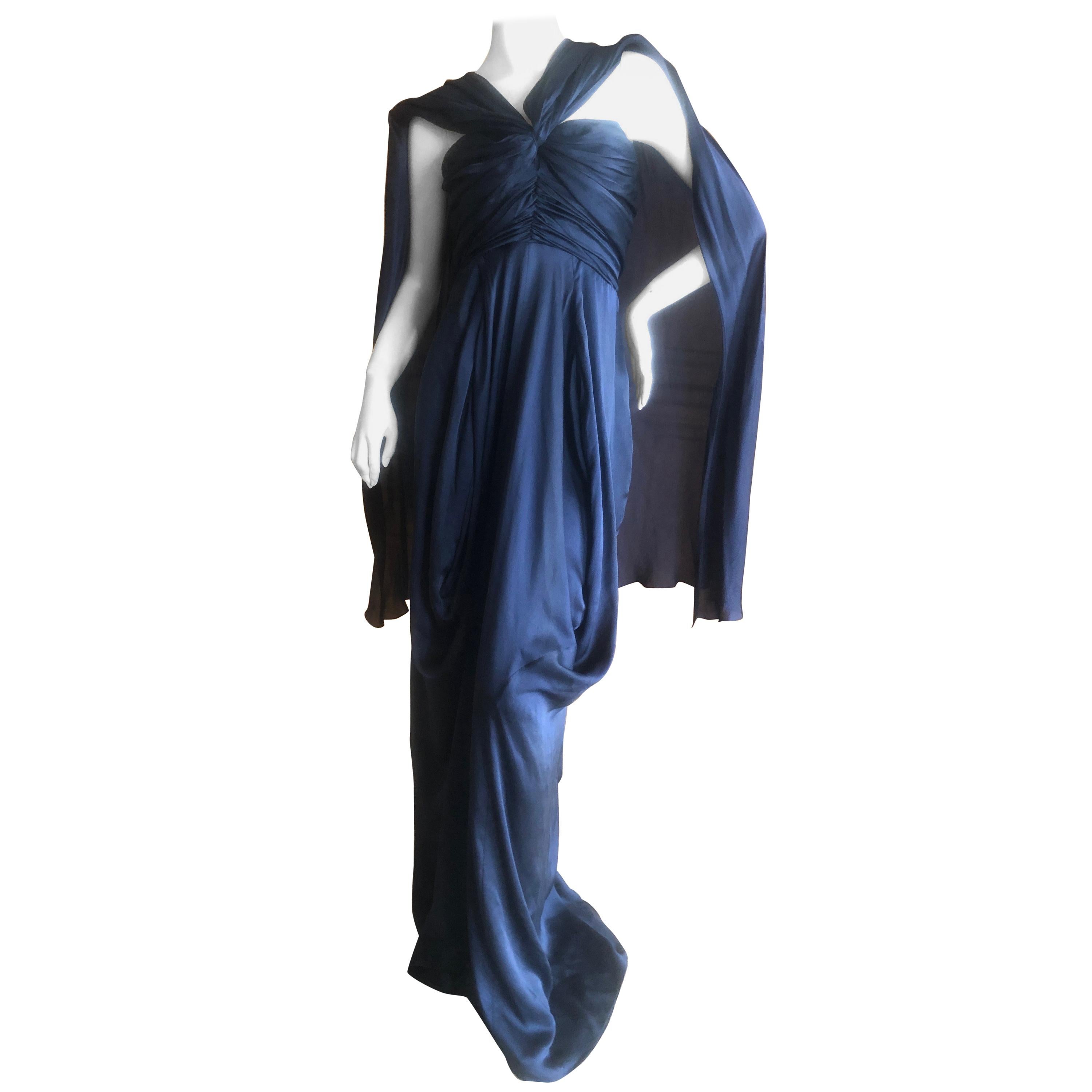 Yves Saint Laurent Rive Gauche Vintage Slate Silk Evening Dress with Draped Back For Sale
