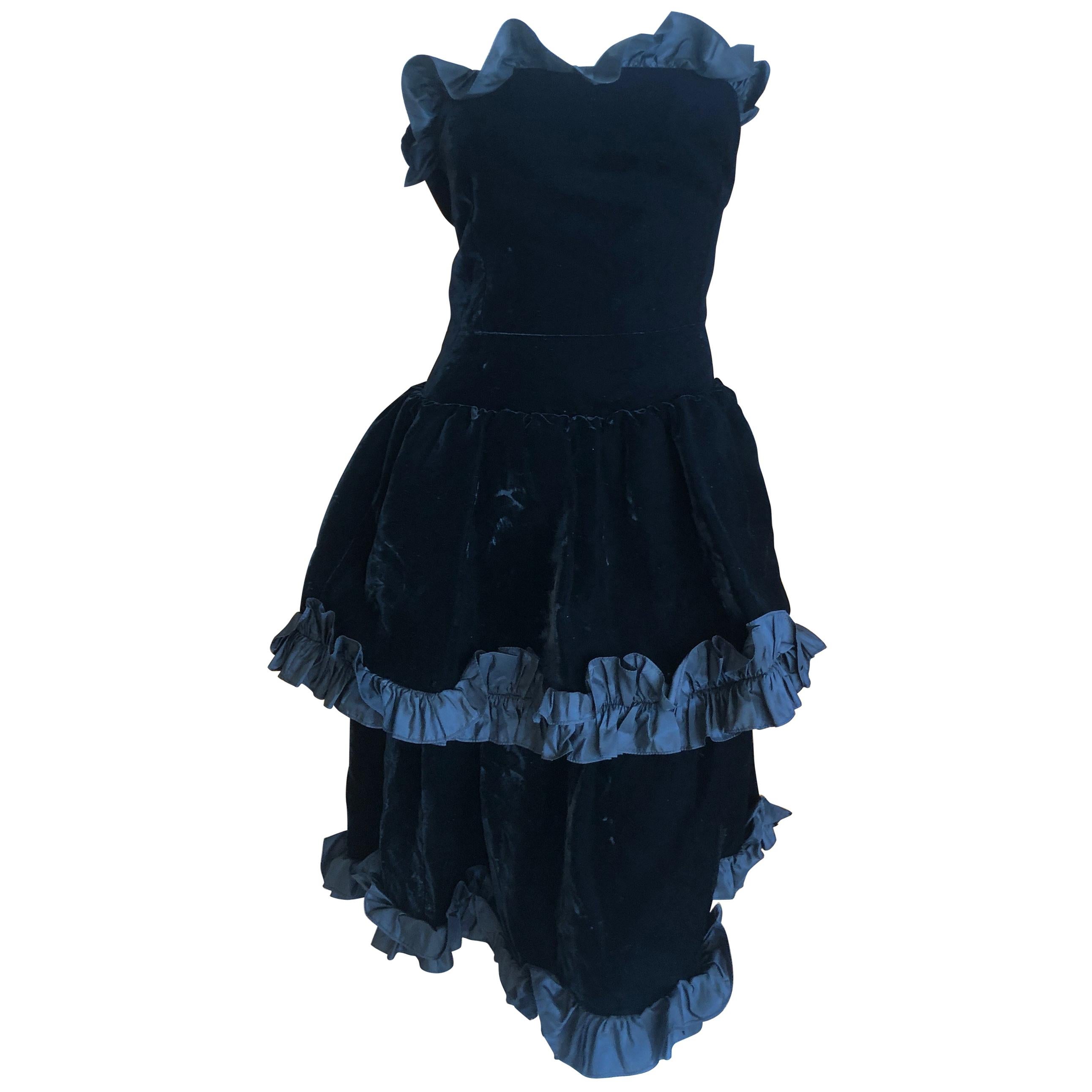 Yves Saint Laurent Rive Gauche Vintage 70's Black Velvet Ruffled Cocktail Dress For Sale