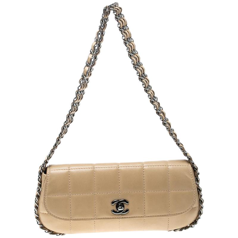 Chanel Beige Leather Triple Chain Chocolate Bar Flap Shoulder Bag