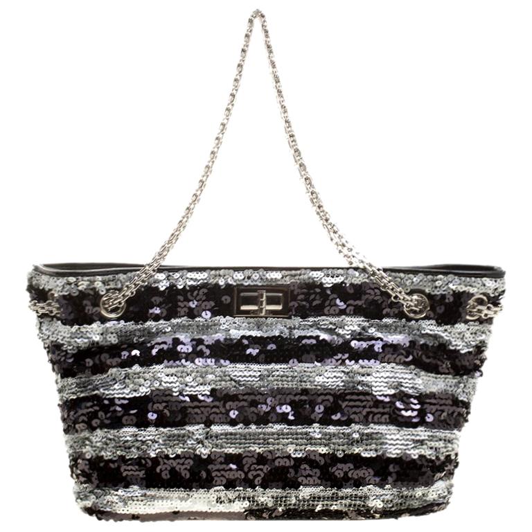 Chanel Black/Silver Stripe Sequins Reissue Shoulder Bag