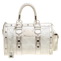 Versace Silver Quilted Patent Leather Snap Out Of It Satchel