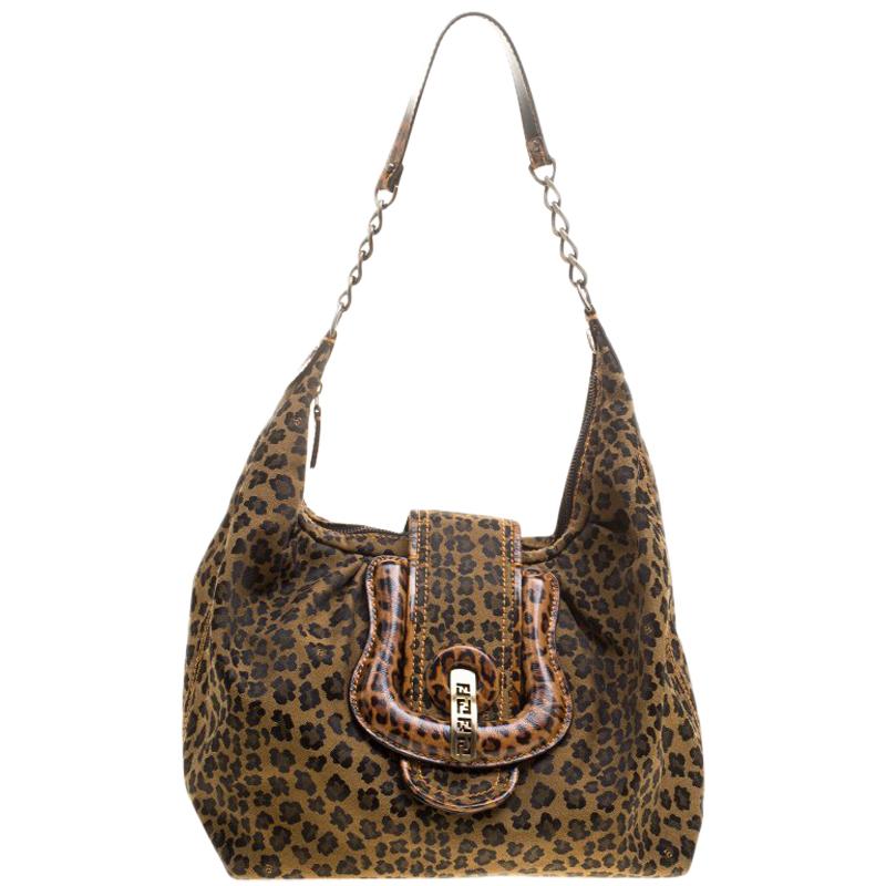 Fendi Brown/Black Leopard Print Canvas B Buckle Hobo