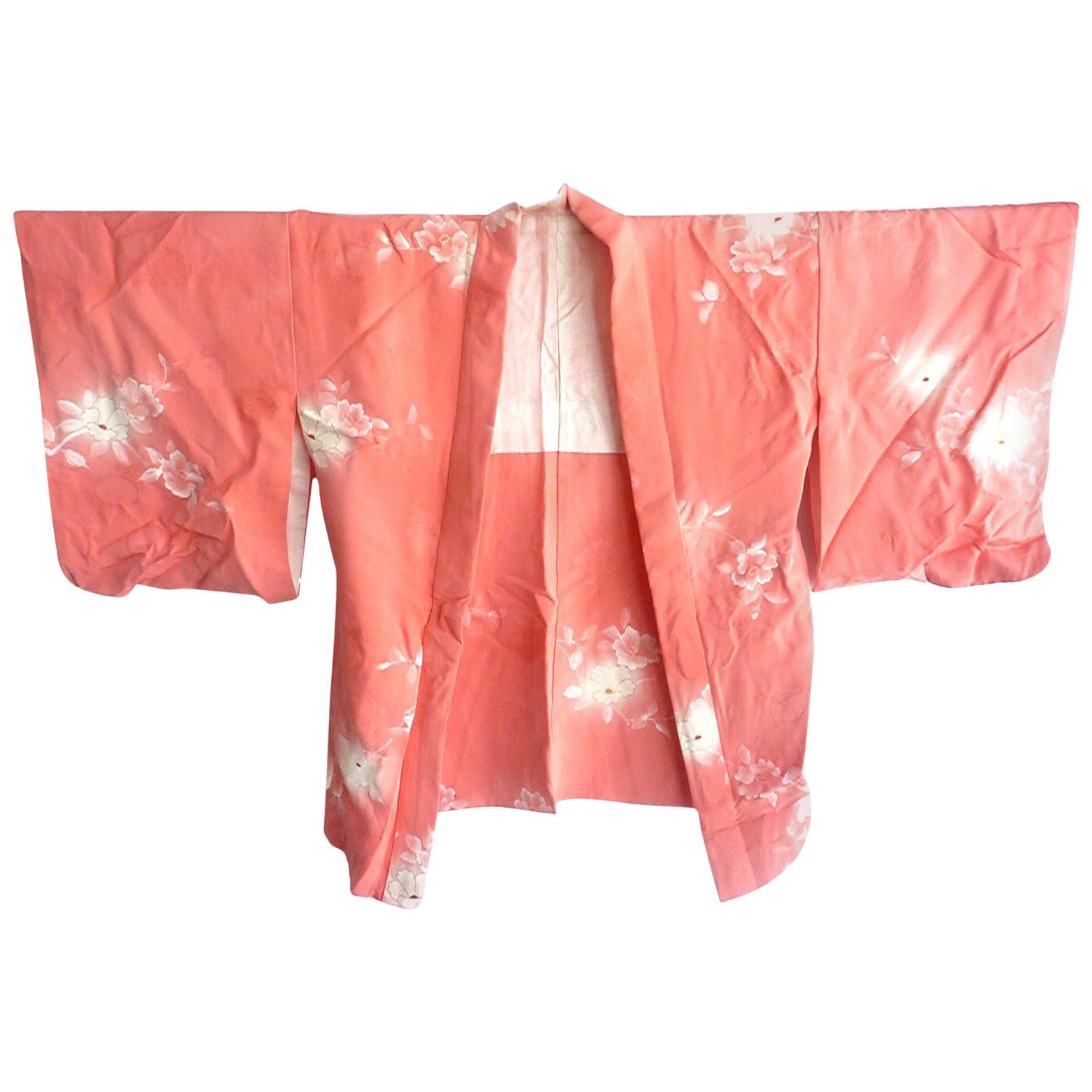 Vintage Japanese pink silk peony kimono boho jacket with gold embroidery 
