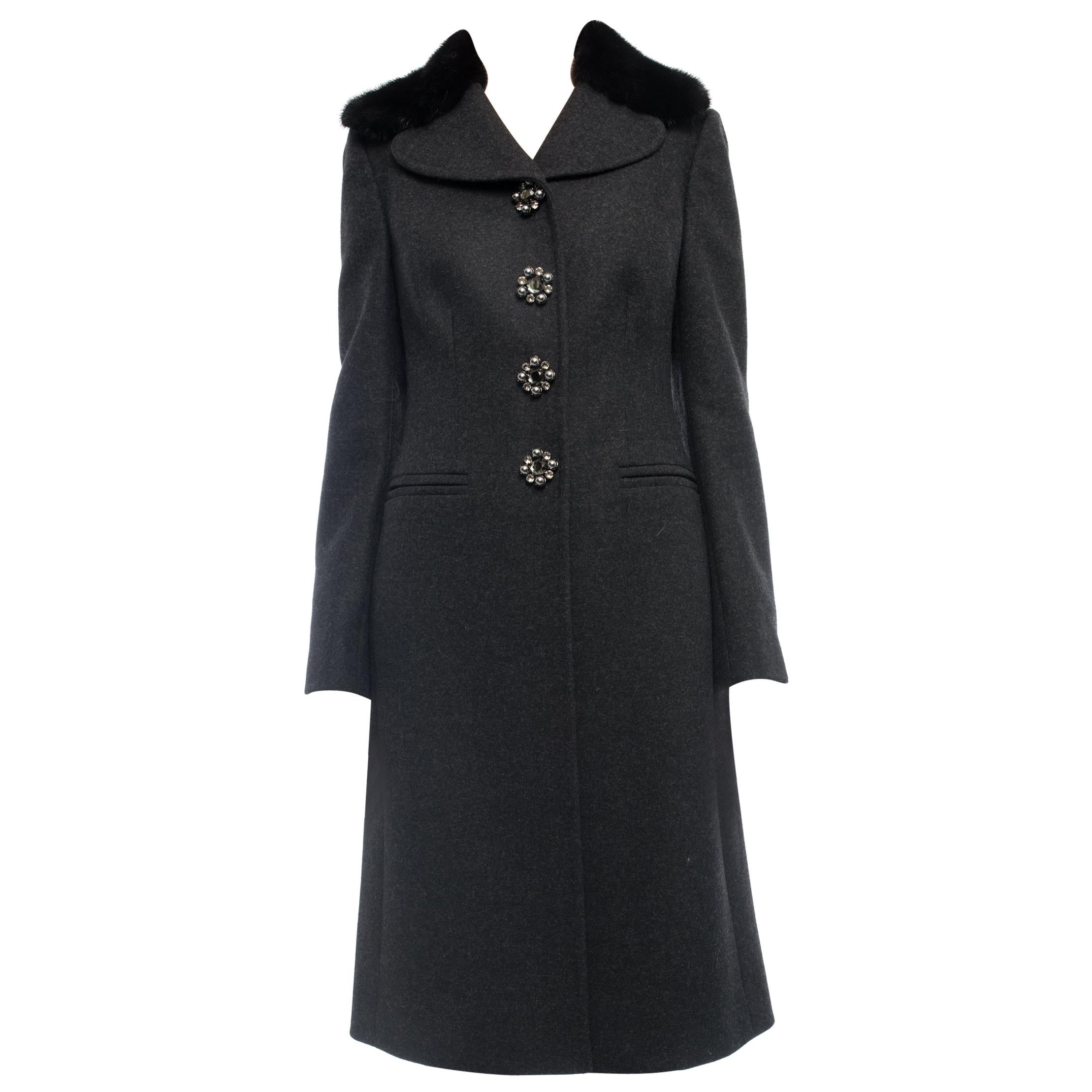 Dolce & Gabbana Charcoal Grey Mink Collar Wool Coat with Jewel Buttons - S