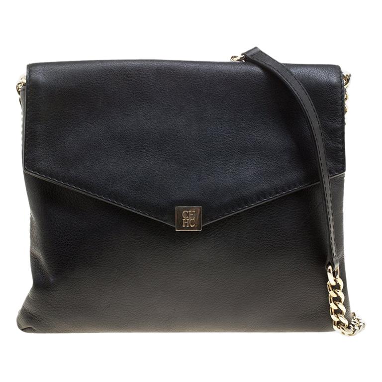 Carolina Herrera Black Leather Envelope Shoulder Bag