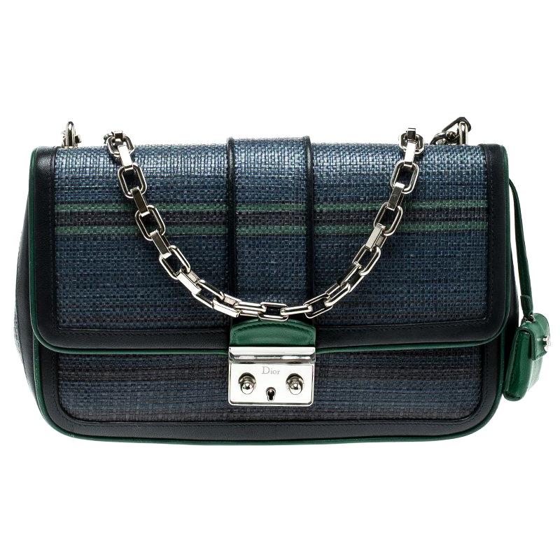 Dior Blue/Green Raffia and Leather Miss Dior Medium Flap Bag