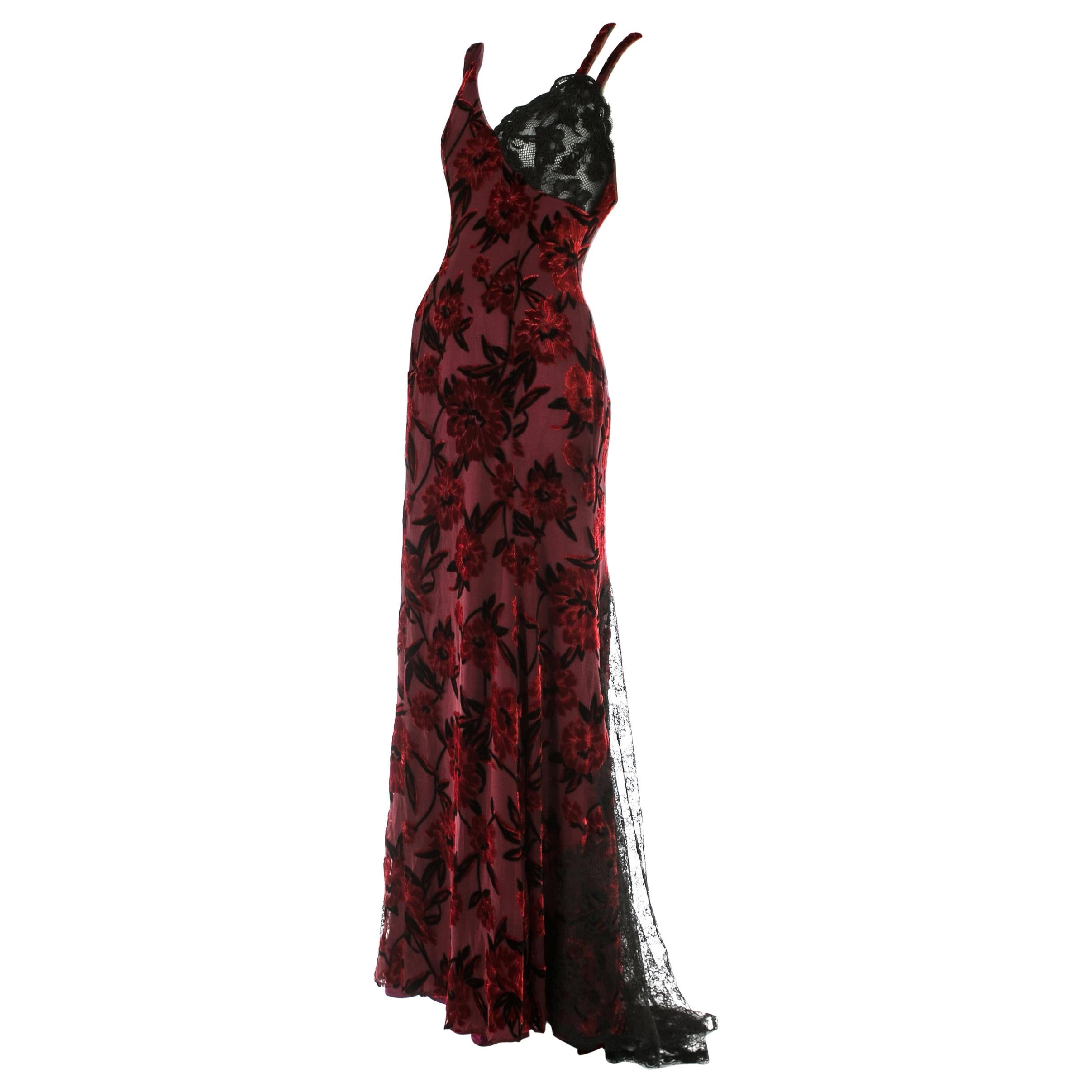 Christian Lacroix red and black silk and lace evening dress, c. 1990s