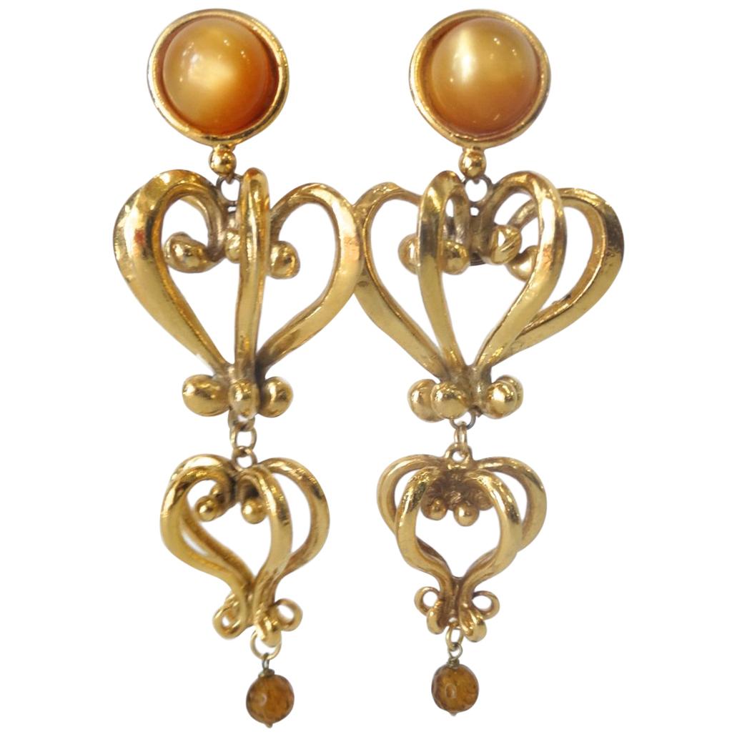 1980s Christian Lacroix Runway Gold Baroque Heart Earrings 